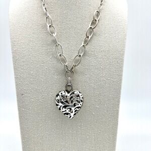 Puffy‎ Heart Pendant Necklace Silver Tone Chain Link Statement Jewelry